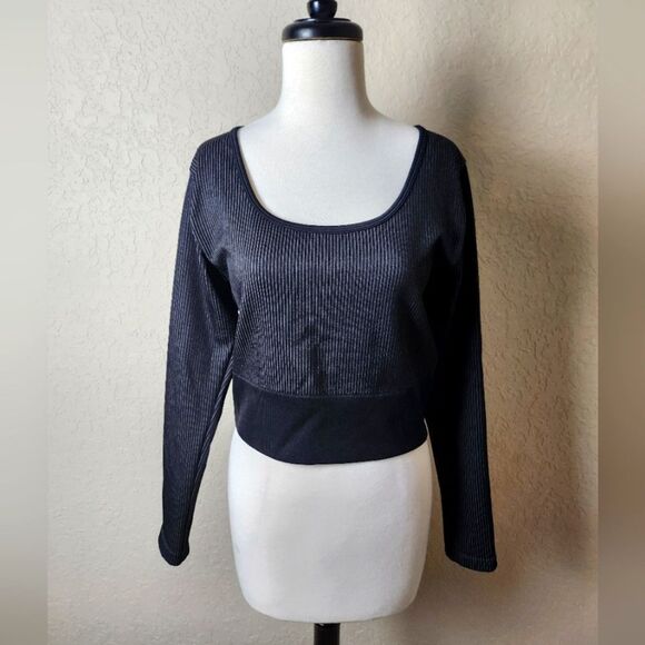 Aerie Offline Ribbed Long Sleeve Cropped Top Black Size XXL New - Picture 1 of 9